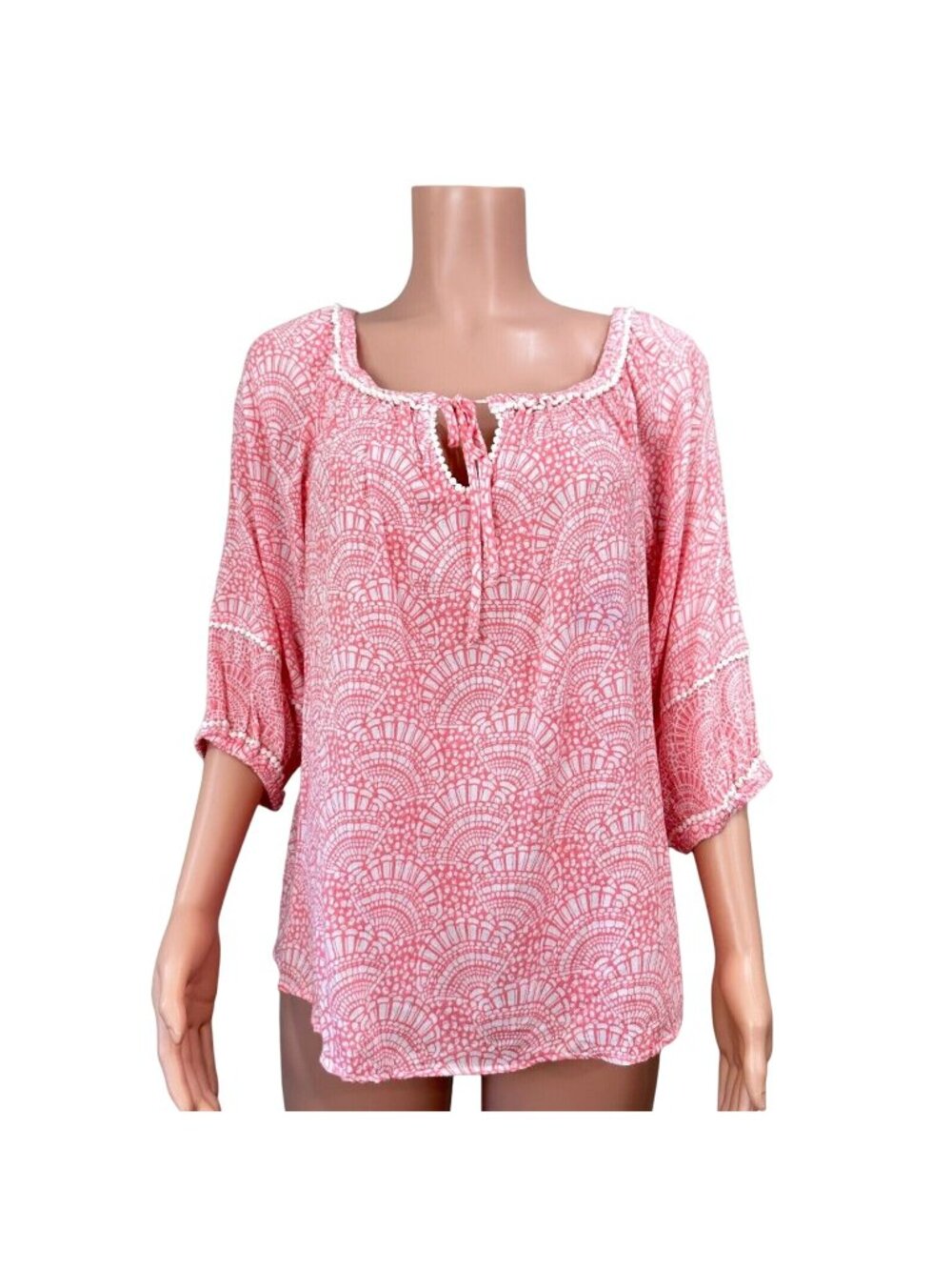Crown & Ivy Women SZ L Petite  Coral Top Blouse Tie Collar Neck Summer casual